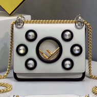 Fendi Kan I Small Crystal Studded Calfskin Flap Bag White 