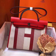 Hermes Herbag 31cm PM Striped Linen Shoulder Bag Red