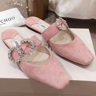 Jimmy Choo Gee Suede Flat Mules with Crystal Buckle Pink 2019