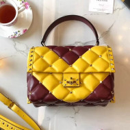 Valentino  "V" Intarsia Lambskin Garavani Candystud Single Handle Bag Yellow/Burgundy 2018