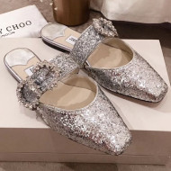 Jimmy Choo Gee Glitter Flat Mules with Crystal Buckle Silver 2019