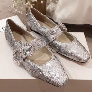 Jimmy Choo Goodwin Glitter Mary Jane Flat Ballerina with Crystal Buckle Silver 2019