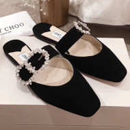 Jimmy Choo Gee Suede Flat Mules with Crystal Buckle Black 2019