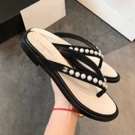 Chanel Flat Suede Pearl Slide Thong Sandal Black 2019