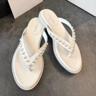 Chanel Flat Leather Pearl Slide Thong Sandal White 2019