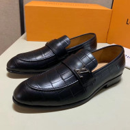 Louis Vuitton Men's Saint Germain Crocodile Emboss Leather Loafers Black 2019