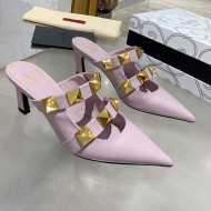 Valentino Roman Stud Calfskin Heel Mules with Sculpted Strap Purple 2021