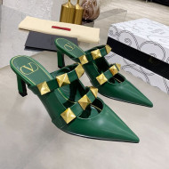 Valentino Roman Stud Calfskin Heel Mules with Sculpted Strap Green 2021