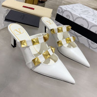 Valentino Roman Stud Calfskin Heel Mules with Sculpted Strap White 2021