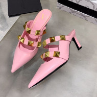 Valentino Roman Stud Calfskin Heel Mules with Sculpted Strap Light Pink 2021