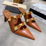 Valentino Roman Stud Calfskin Heel Mules with Sculpted Strap Brown 2021