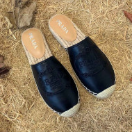 Prada Lambskin Logo Embroidered Espadrille Mules Black 2021