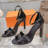 Hermes Premiere Smooth Leather Heel 10.5cm Sandals Black 2021 20