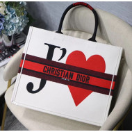 Dior Large Book Tote Bag in Heart Embroidered Canvas White/Red 2019