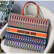 Dior Large Book Tote Bag in Multicolored Geometric Embroidered Canvas Orange 2019