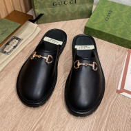 Gucci Leather Horsebit Flat Mules Black 2021 26