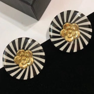 Chanel Camellia Stripes Round Stud Earrings White/Black/Gold 2019