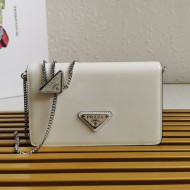 Prada Brushed Leather Shoulder Bag with Triangle logo Chain 1BD307 White 2021