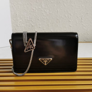 Prada Brushed Leather Shoulder Bag with Triangle logo Chain 1BD307 Black 2021