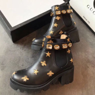 Gucci Bee Star Embroidered Leather Short Platform Boot with Crystal Belt 557735 Black 2019