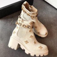 Gucci Bee Star Embroidered Leather Short Platform Boot with Crystal Belt 557735 White 2019