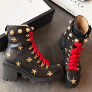 Gucci Bee Star Embroidered Leather Short Platform Boot with Contrasting Laces 498695 Black 2019