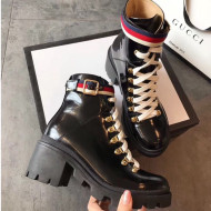 Gucci Leather Short Platform Boot with Sylvie Web 481156 Black 2019