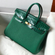 Hermes Touch Birkin Bag 25cm in Crocodile Embossed Leather and Togo Calfskin Green/Gold 2021