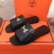 Hermes Auteuil Calfskin Fringe Flat Slide Sandal Black 2020