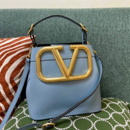 Valentino Supervee Calfskin Bucket Bag with Maxi VLogo Blue 2021 1122