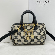 Celine Mini Boston Bag in Textile Canvas with Triomphe Embroidery Black 2021