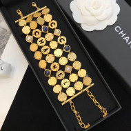 Chanel Round Metal Cutout Lettering Wide Bracelet AB1587 Gold/Blue 2019