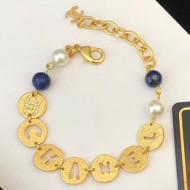 Chanel Round Metal Cutout Lettering  Bracelet Gold/Blue 2019