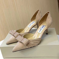 Jimmy Choo Suede Crystal Bow Mid-Heel Pumps Apricot 2020