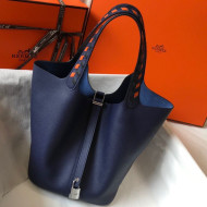 Hermes Picotin Lock Bag with Woven Top Handle in Epsom Leather 22cm Blue 2019