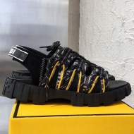 Fendi Patchwork Lace Up Flat Sandals Black 2021 (For Women and Men)