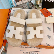 Hermes Chypre Wool and Suede Flat Sandals White 2021