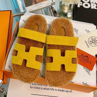 Hermes Chypre Wool and Suede Flat Sandals Yellow 2021