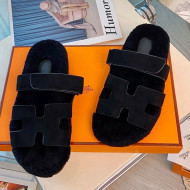 Hermes Chypre Wool and Nappa Leather Flat Sandals Black 2021