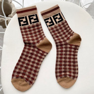 Fendi FF Checked Short Socks Brown/Burgundy 2020