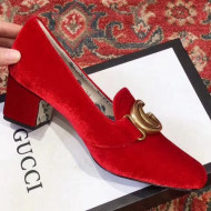 Gucci Velvet Mid-heel Pump with Double G Red 2019