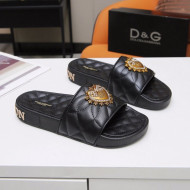 Dolce&Gabbana DG Calfskin Flat Slide Sandals with Heart Charm Black 2021 (For Women and Men)