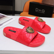 Dolce&Gabbana DG Calfskin Flat Slide Sandals with Heart Charm Red 2021 (For Women and Men)