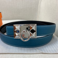 Hermes Glenan Reversible Calfskin Belt 25mm with Stud Buckle Blue 2021