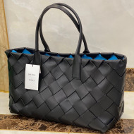 Bottega Veneta Large Tote Bag in Woven Lambskin Black/Blue 2021