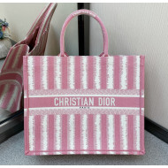 Dior Pink D-Stripes Embroidery Large Book Tote Bag 2021