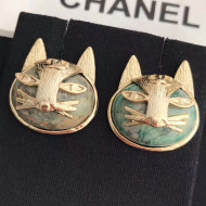 Chanel Cat Head Shaped Studs Earrings AB1788 Green/Gold 2019