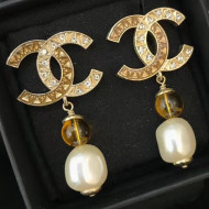 Chanel Pearls Pendant Short Earrings Amber AB1493 Yellow/Pearly White 2019