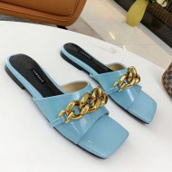 Versace Shiny Leather Chain Flat Slide Sandals Blue 2021