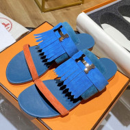 Hermes Coralia Suede Fringe Flat Sandals Blue 2021